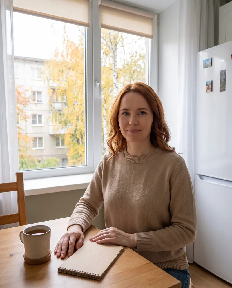 Надя за столом на своей кухне с блокнотом и чаем